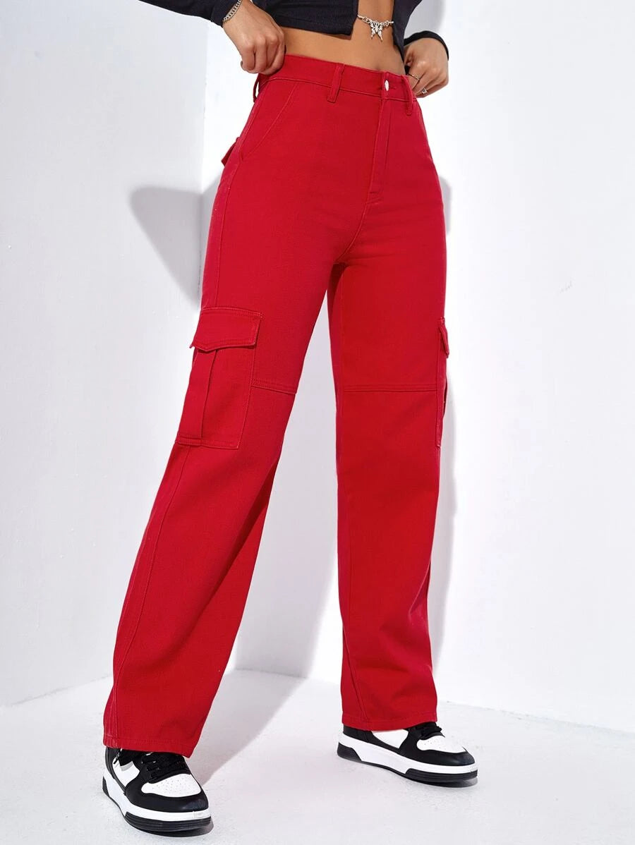High Denim Waist Flap Pockets Cargo Jeans – lifestyle view 18
