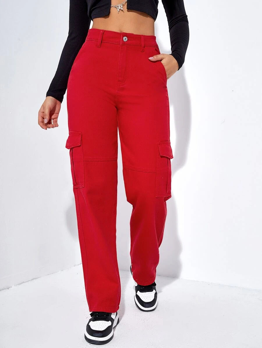 High Denim Waist Flap Pockets Cargo Jeans – lifestyle view 23