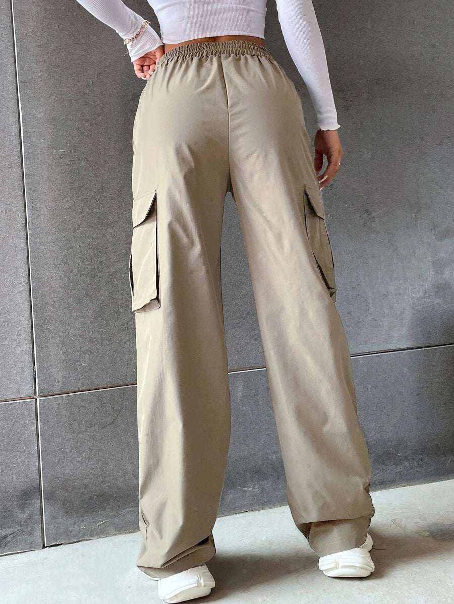 Solid Flap Pocket Side Cargo Pants in Black – lifestyle view 12
