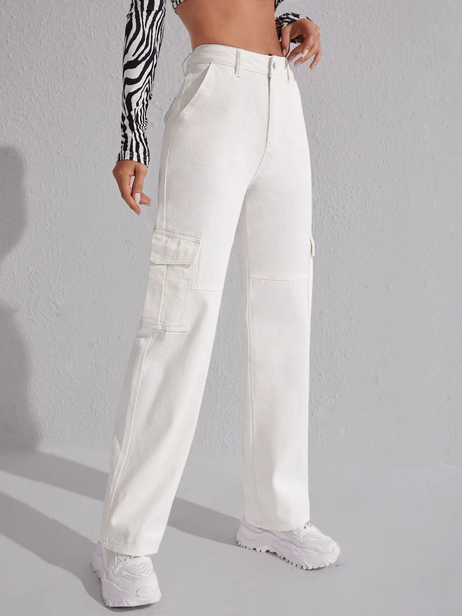 High Denim Waist Flap Pockets Cargo Jeans – lifestyle view 14