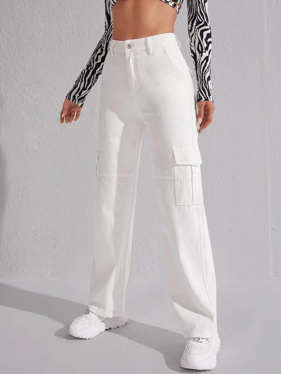 High Waist Flap Pockets Denim Cargo Jeans – lifestyle view 16