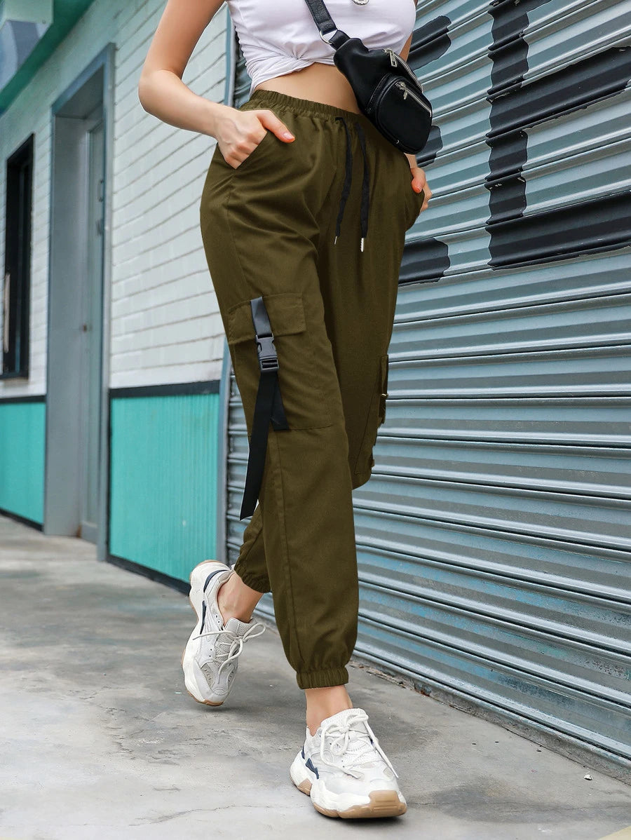 Flap Pocket Buckle Cargo Pants in Black – full length outfit view