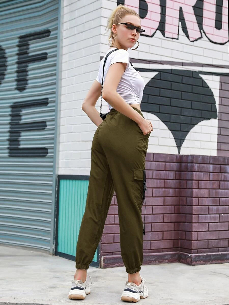 Flap Pocket Buckle Cargo Pants in Black – waistband detail