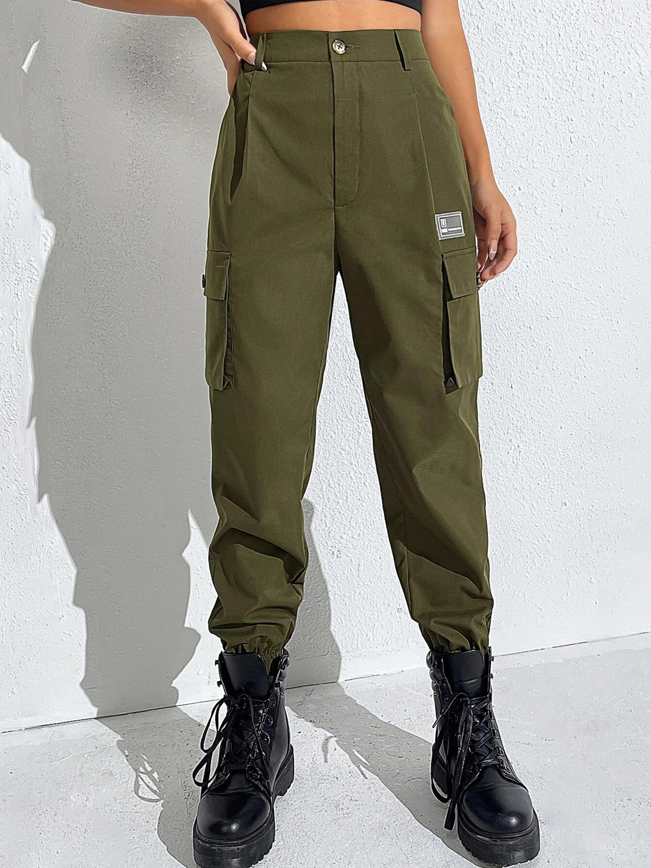 Letter Print Zipper Cargo Pant – side profile view