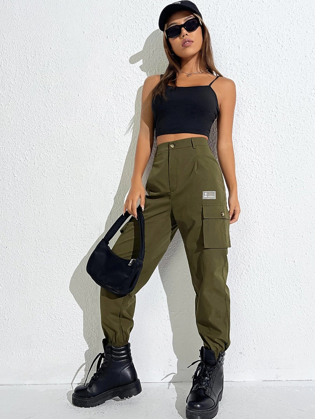 Letter Print Zipper Cargo Pant – women's cargo pants front view