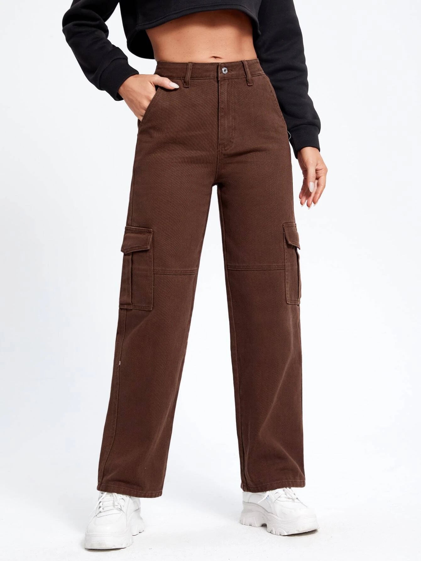 Flap Pocket High Waist Cargo Jeans in Beige – lifestyle view 41