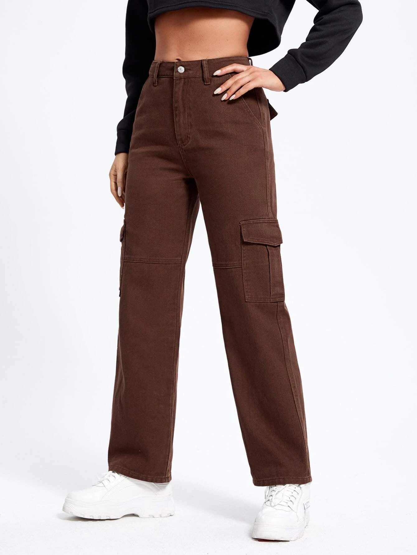 Flap Pocket High Waist Cargo Jeans in Beige – lifestyle view 42
