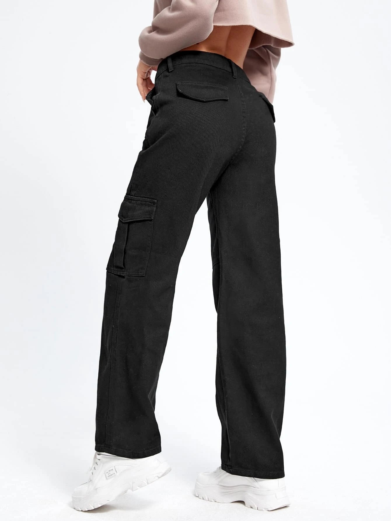 Flap Pocket High Waist Cargo Jeans in Beige – styled outfit view