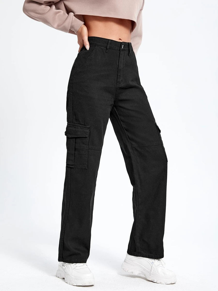 High Denim Waist Flap Pockets Cargo Jeans – lifestyle view 43