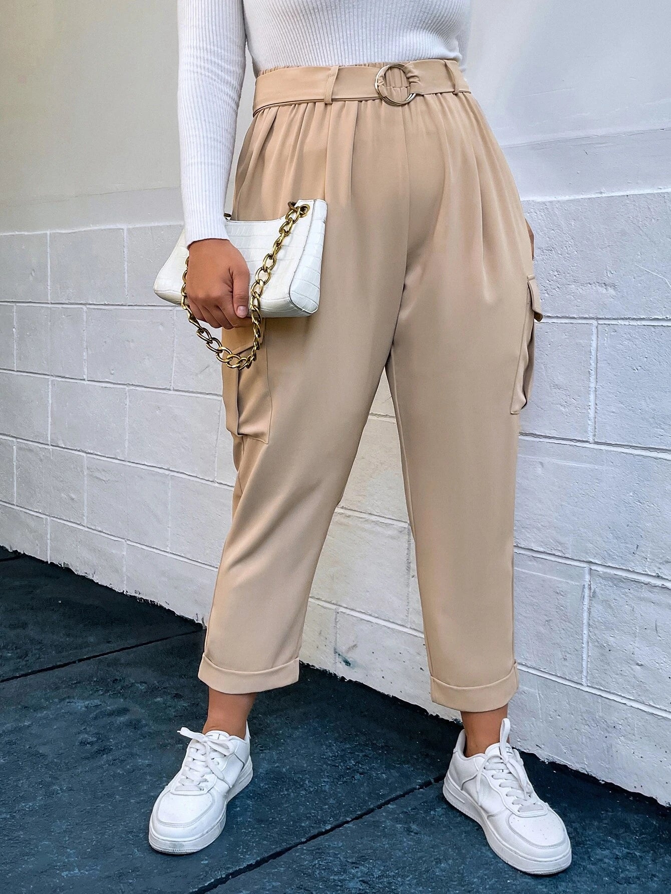 Stylish Flap Pocket Belted Cargo Pants – full length outfit view