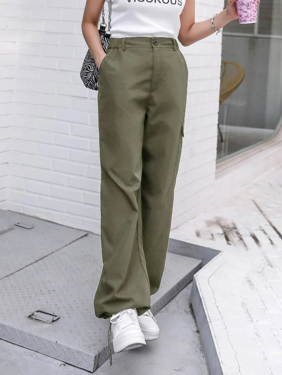 Casual Flap Pocket Drawstring Hem Cargo Pants – women's cargo pants front view