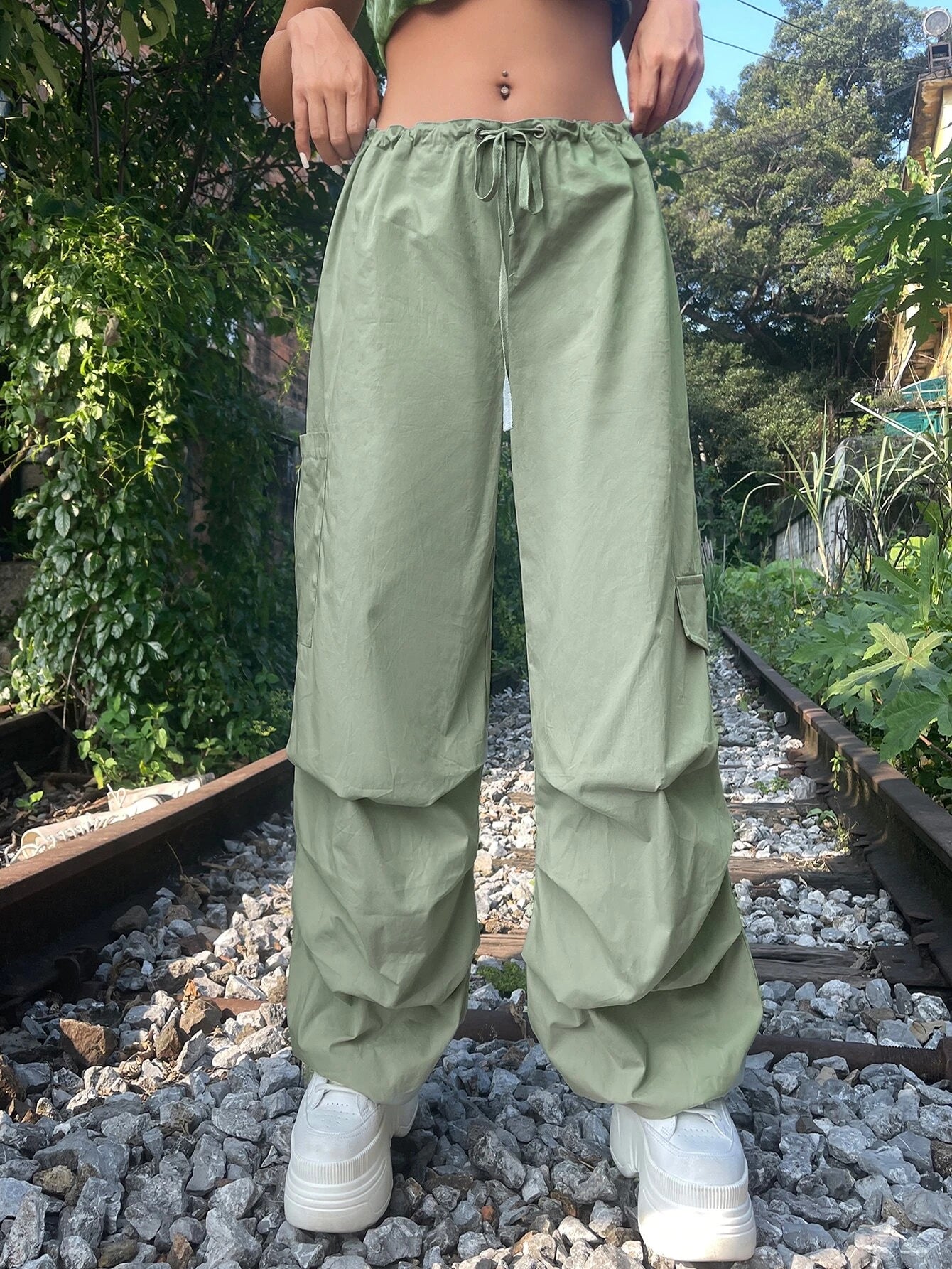 Solid Colored Drawstring Cargo Parachute Pant – full length outfit view