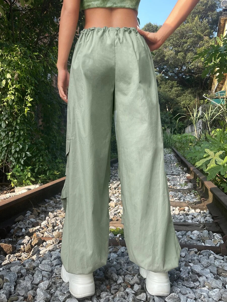 Solid Drawstring Waist Cargo Parachute Pants – styled outfit view