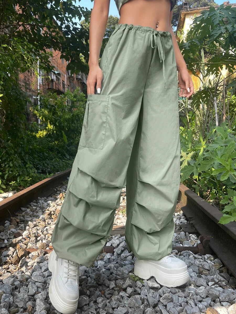 Solid Drawstring Waist Cargo Parachute Pants – women's cargo pants front view