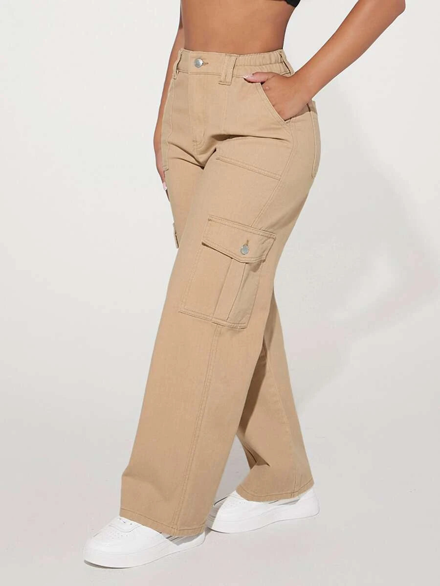 Flap Pocket Cargo Jeans in Beige – back view detail