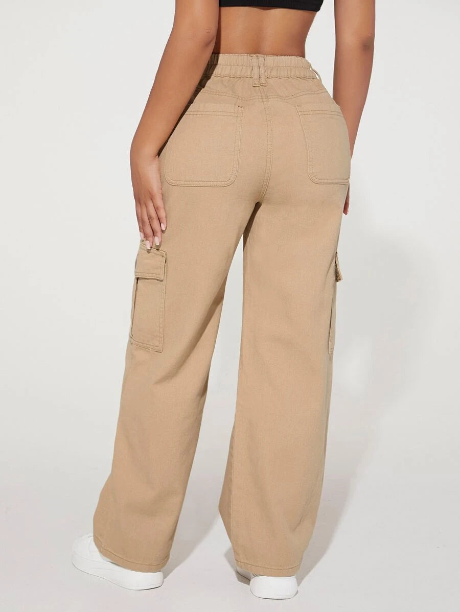 Flap Pocket Cargo Jeans in Beige – pocket detail close-up