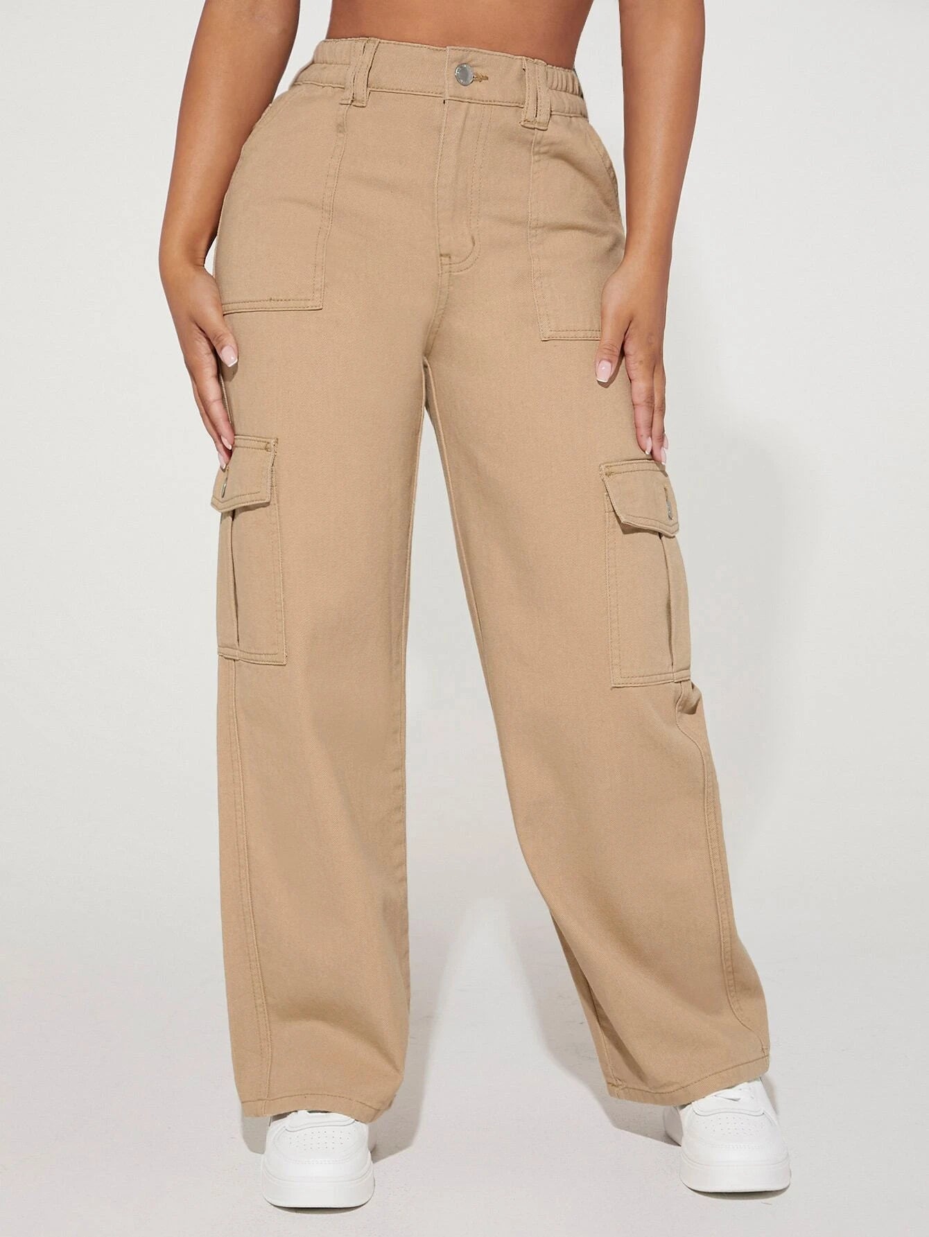 Stylish Flap Pocket Cargo Jeans in Beige – model wearing view