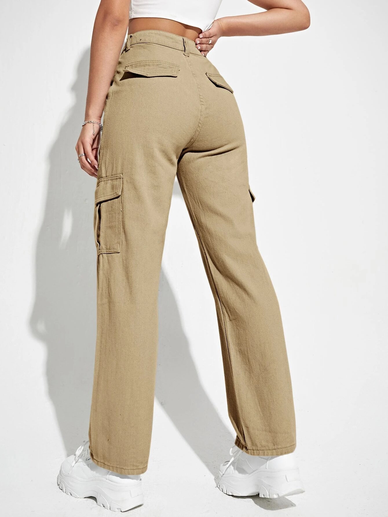 Flap Pocket High Waist Cargo Jeans in Beige – lifestyle view 19