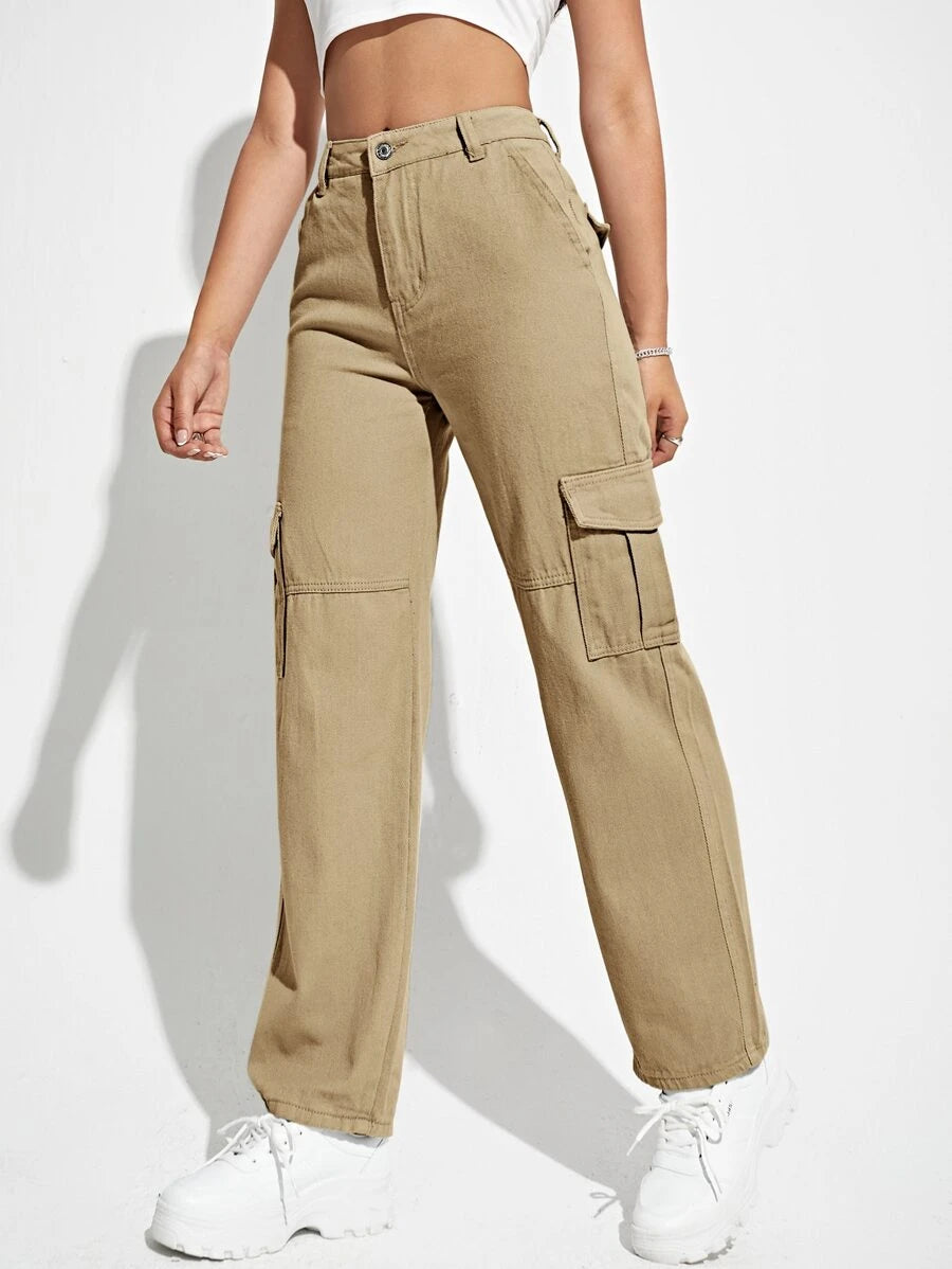 High Denim Waist Flap Pockets Cargo Jeans – lifestyle view 25