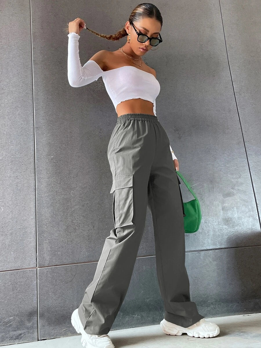 Solid Flap Pocket Side Cargo Pants in Black – lifestyle view 11