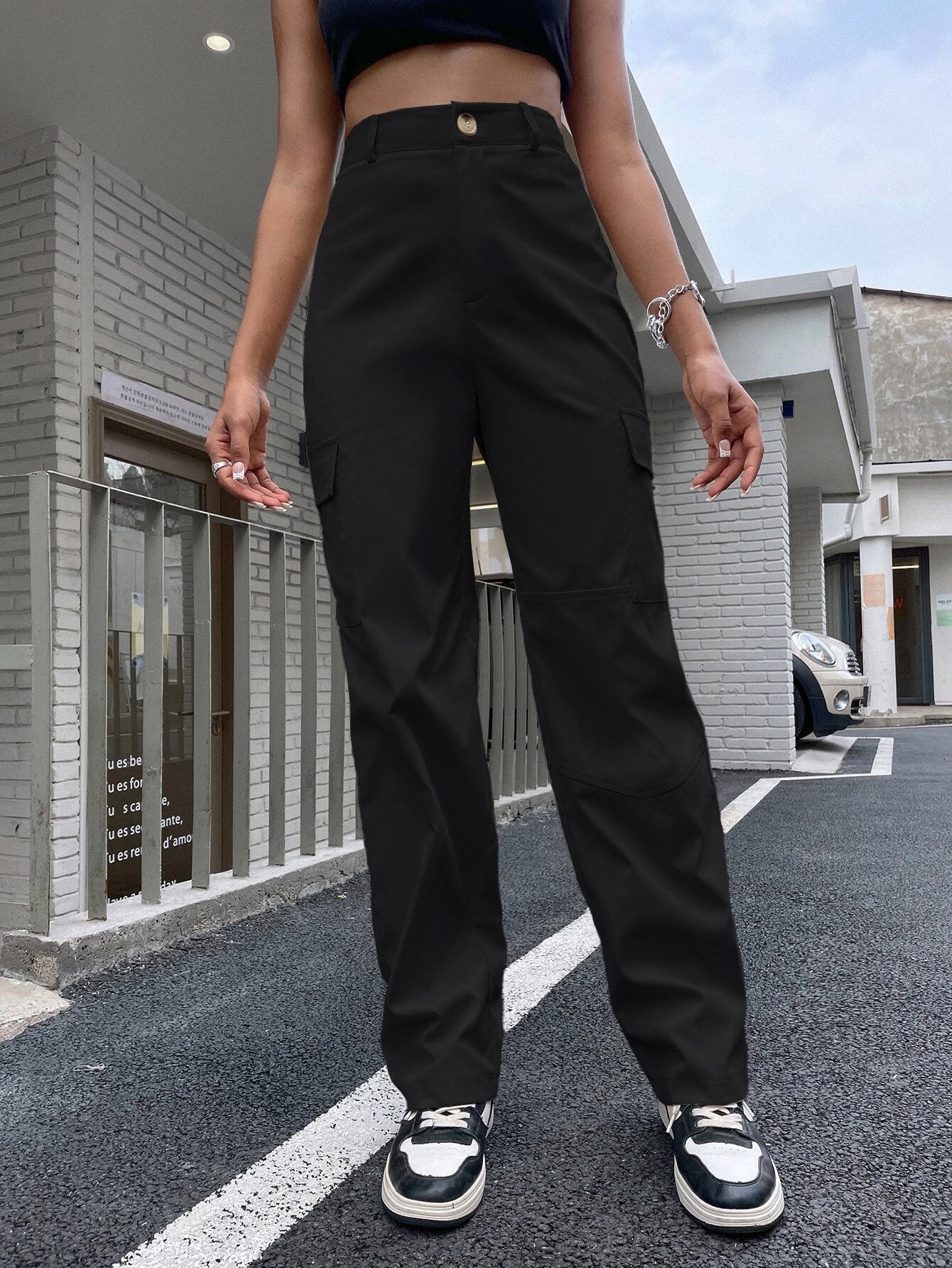 High Waist Flap Pocket Cargo Pants in Black #ts-7 – back view detail