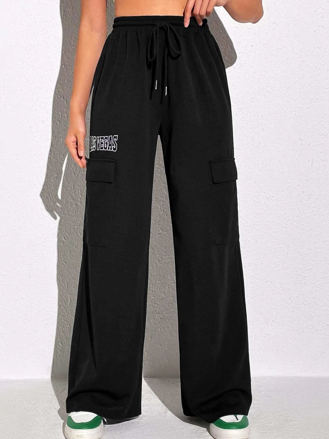 Letter Embroidery Drawstring Flap Pocket Cargo Pants – women's cargo pants front view