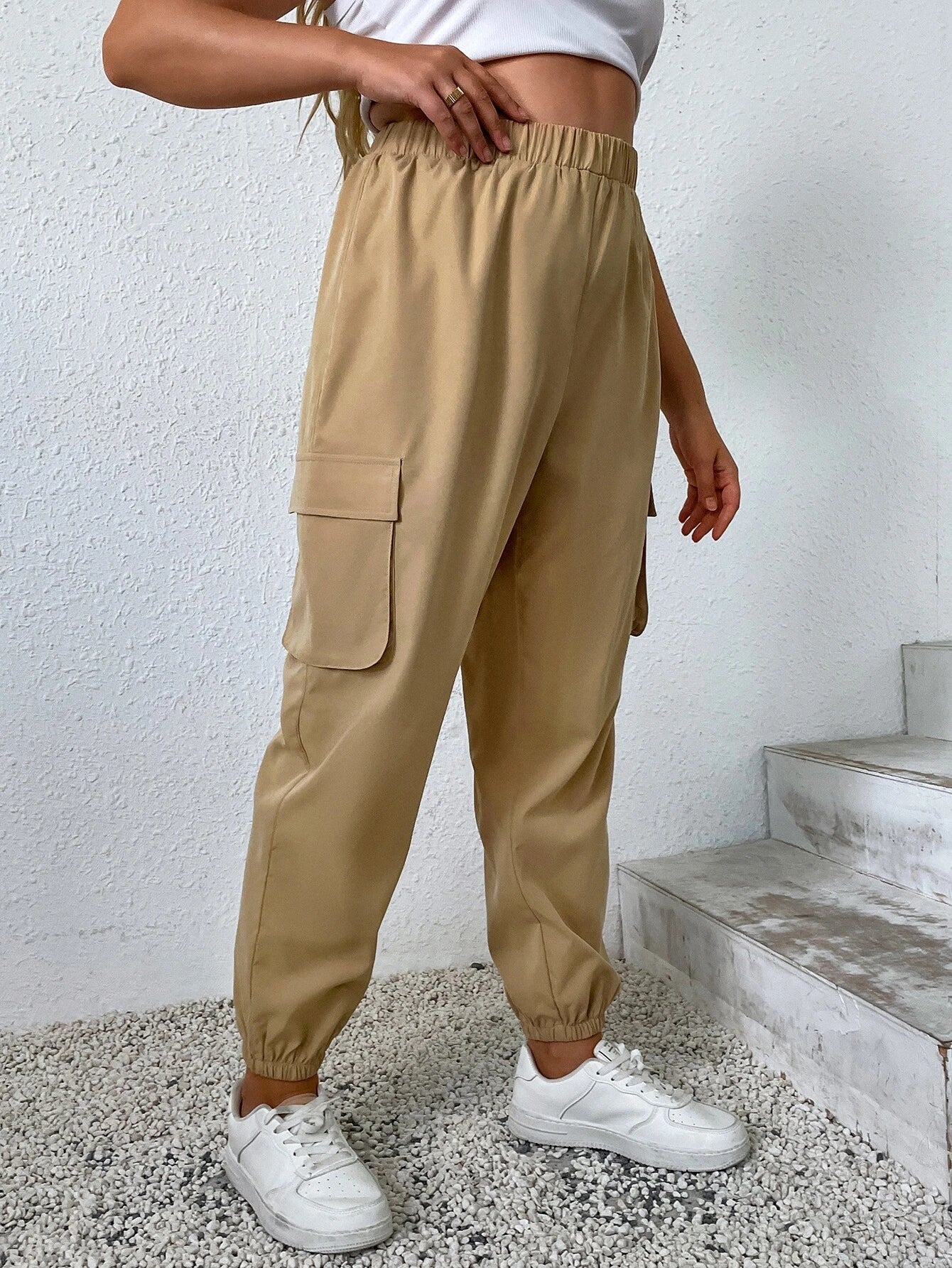 Solid Color Flap Pocket Cargo Pants in Black #ts-4 – back view detail