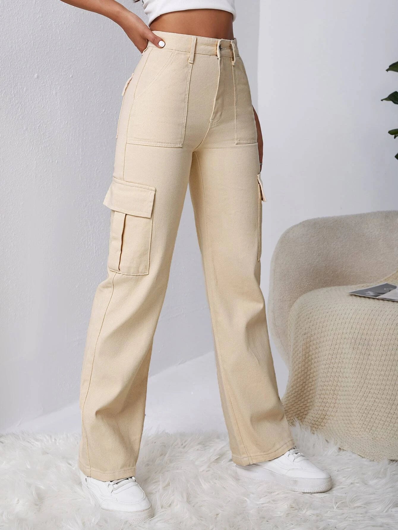 High Waist Flap Pocket Side Cargo Jeans – side profile view