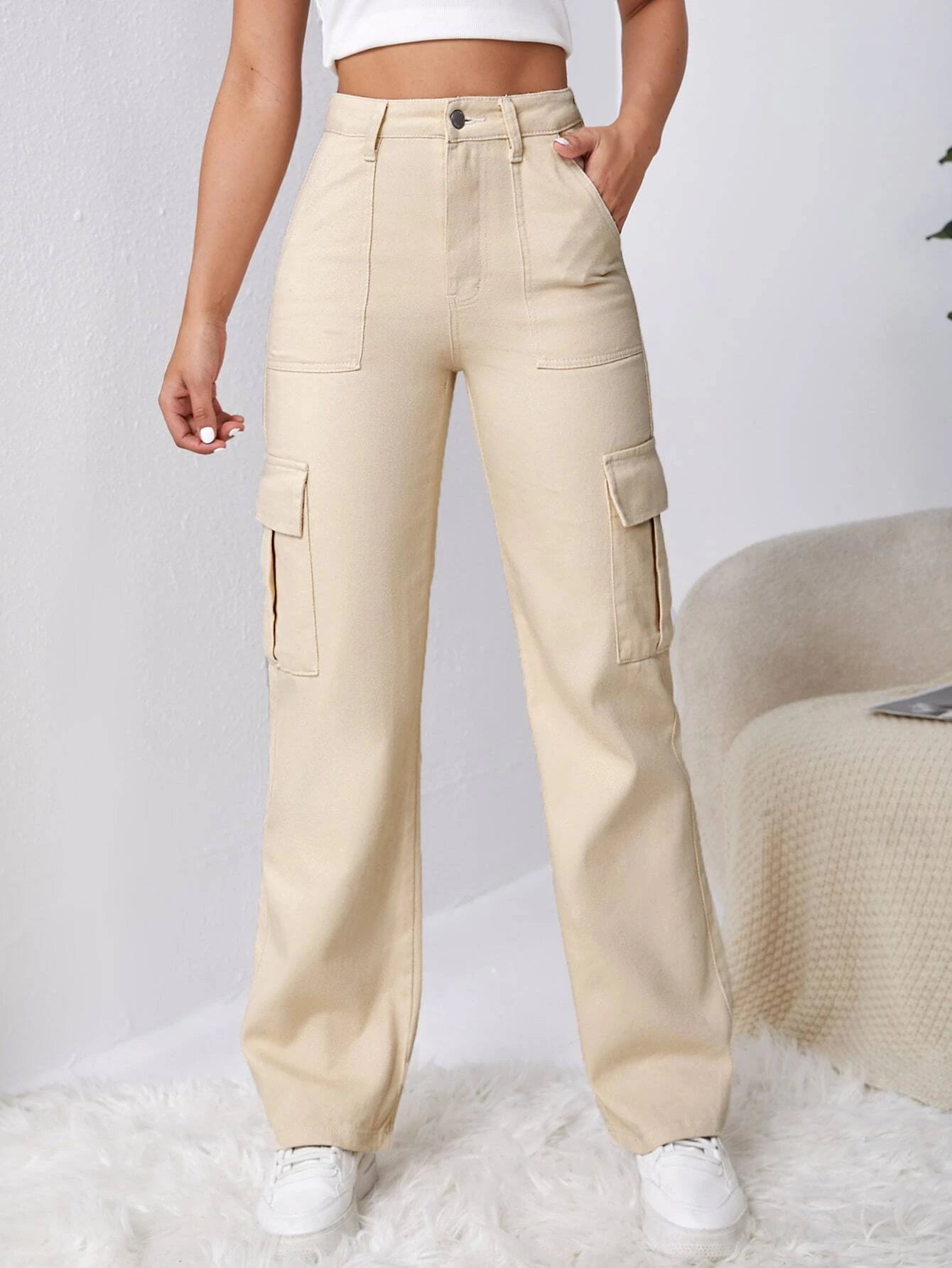 High Waist Flap Pocket Side Cargo Jeans – women's cargo pants front view