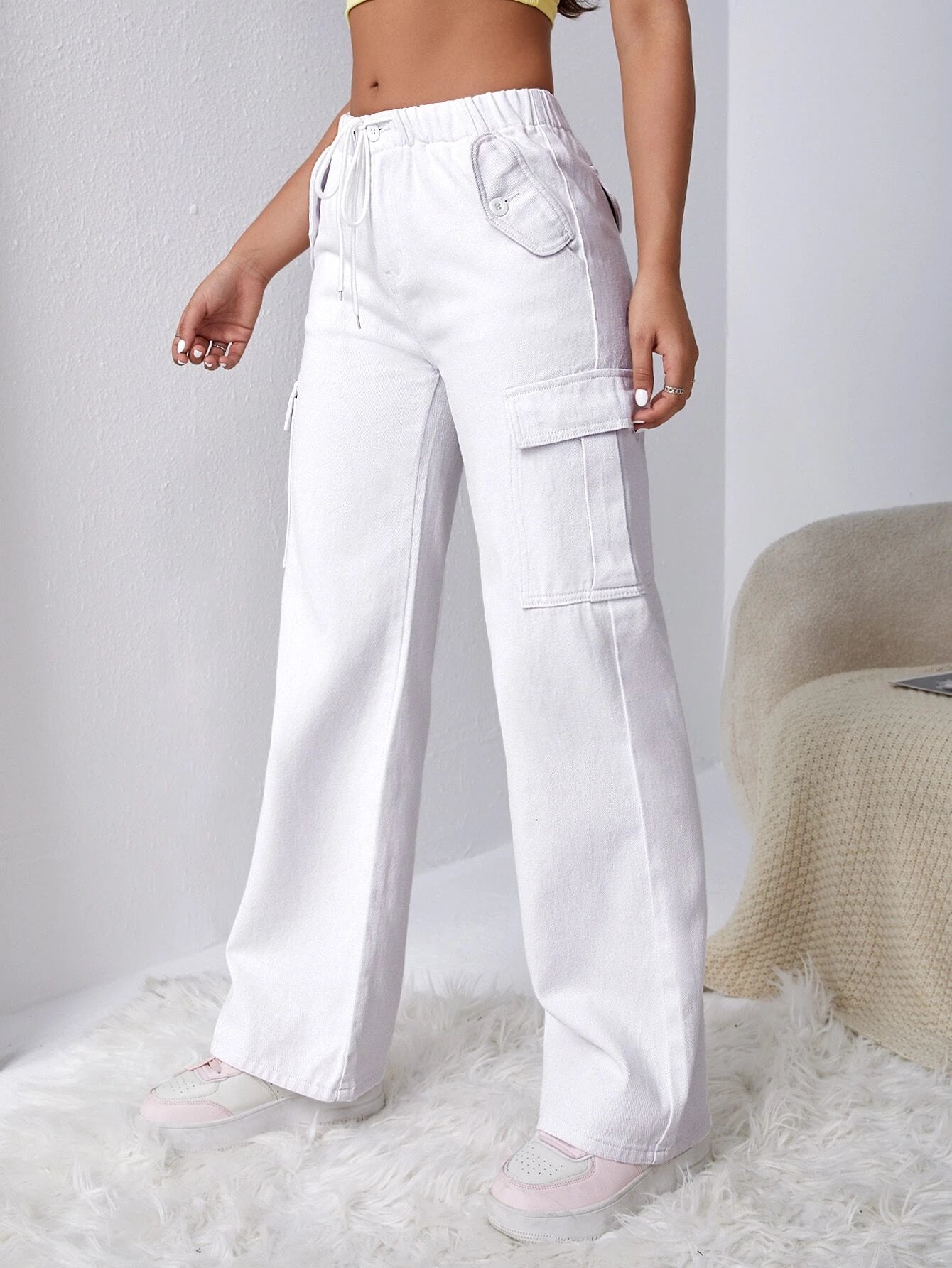 Side Drawstring Flap Pocket Cargo Pants – fabric detail close-up