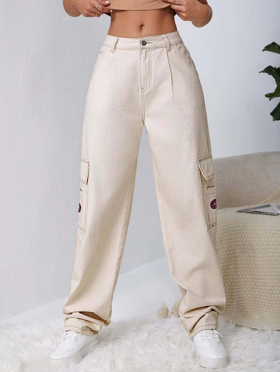 Denim High Waist Flap Pocket Wide Leg Jeans