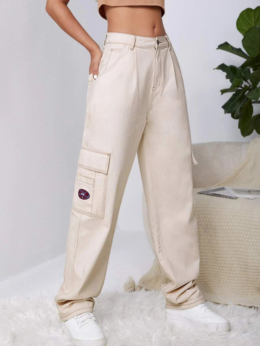 Denim High Waist Flap Pocket Wide Leg Jeans