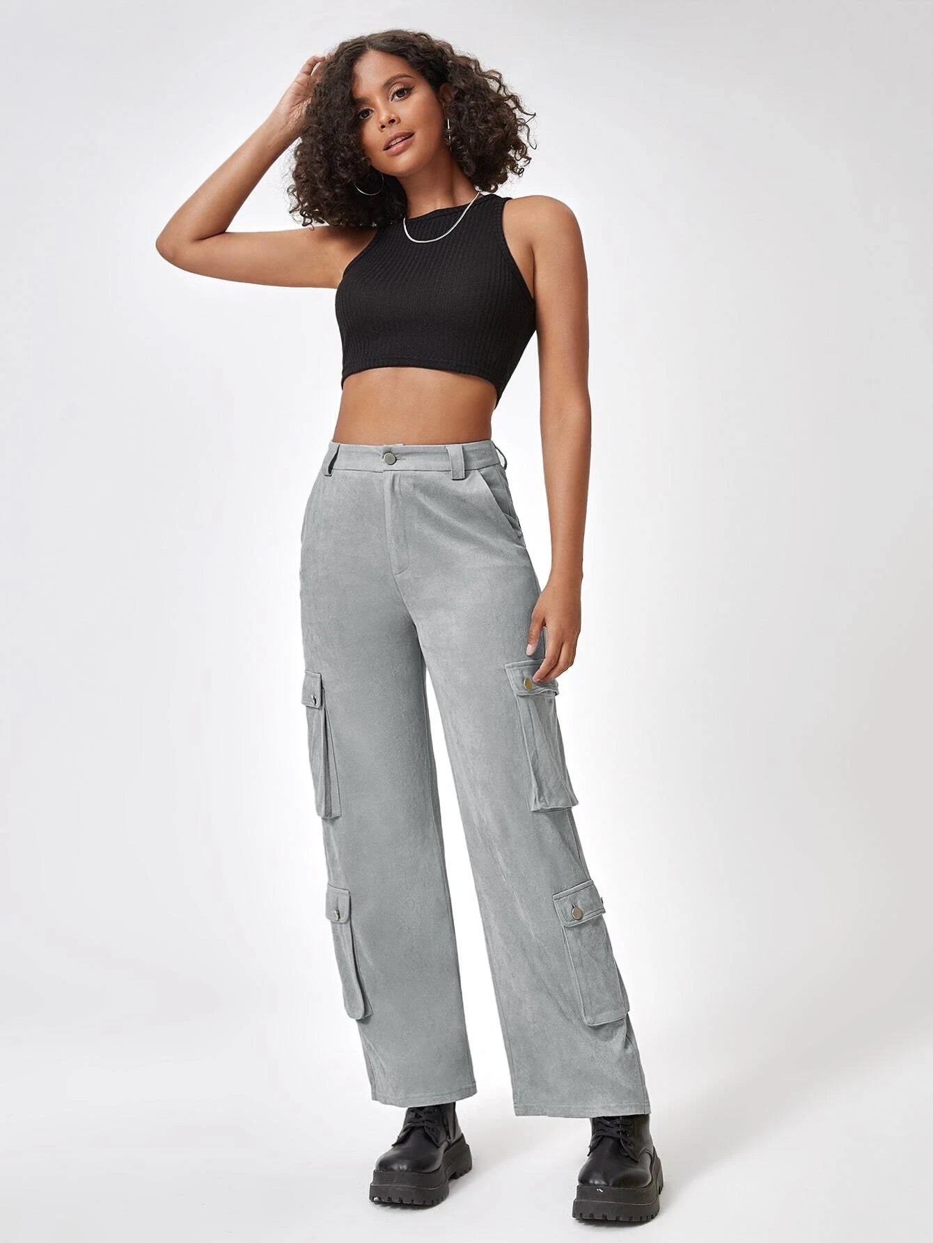 Plain Flap Pocket Side Casual Cargo Pants #ants – waistband detail