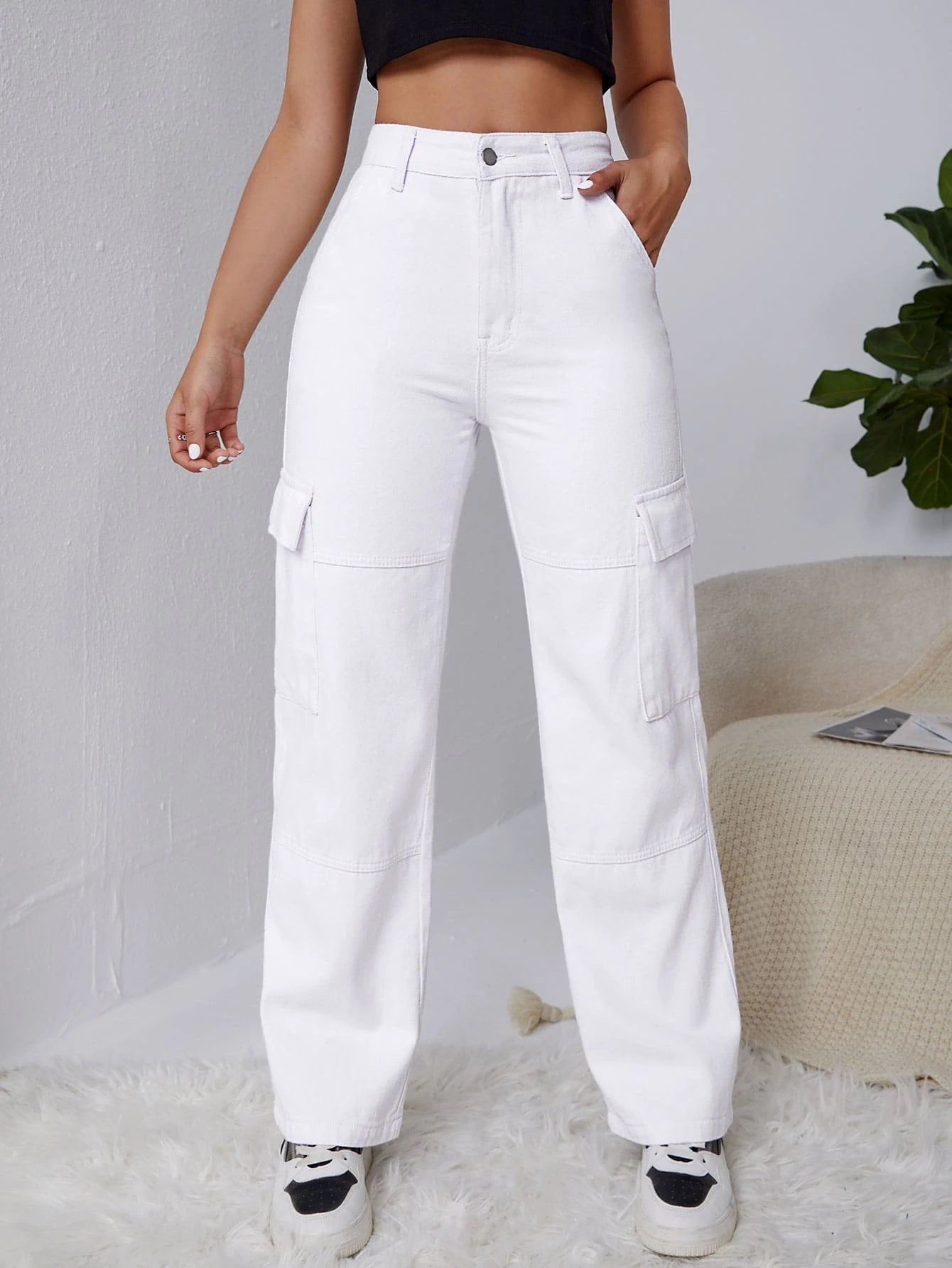 Plain Flap Pocket White Cargo Jeans