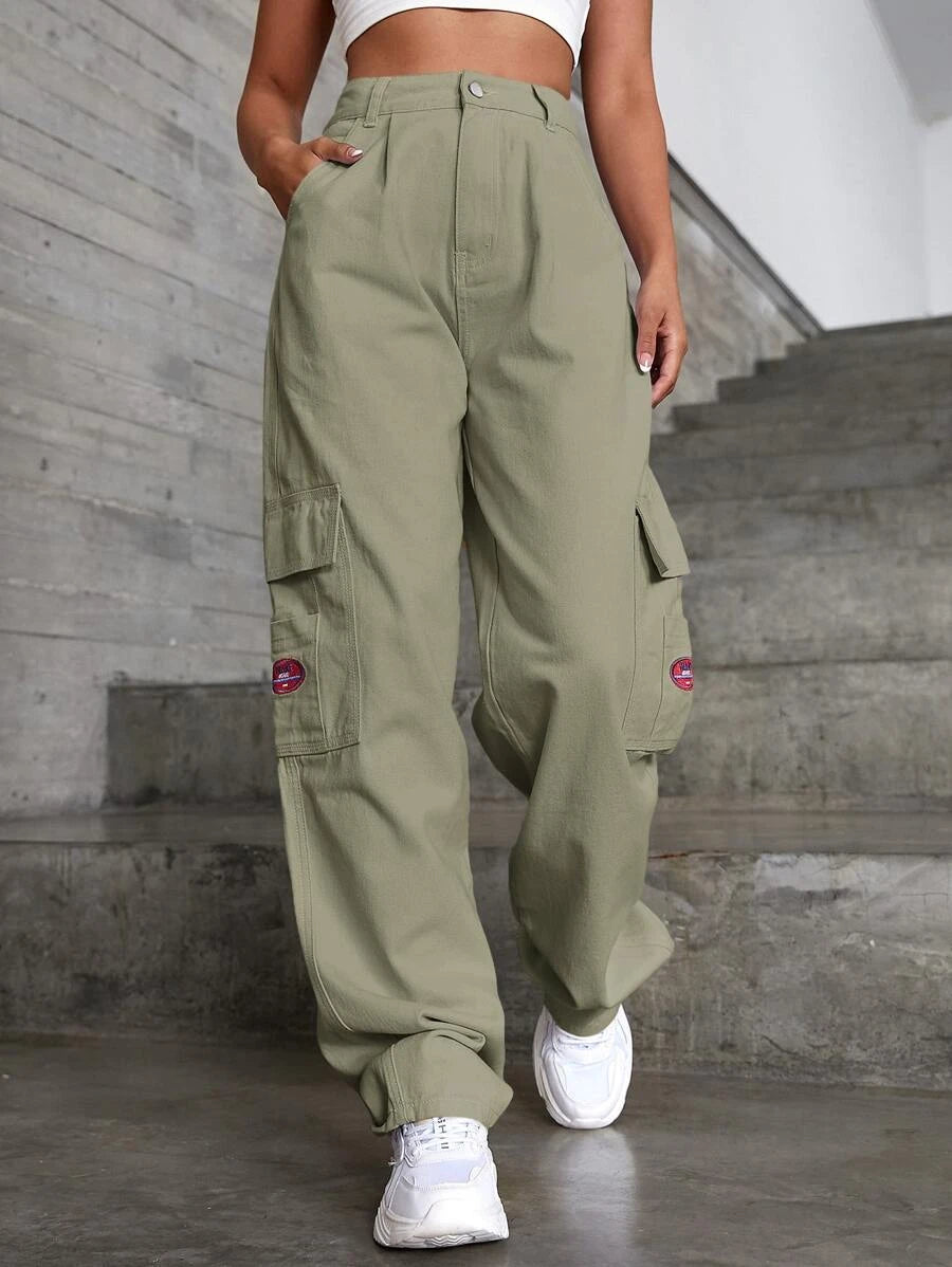 Denim High Waist Flap Pocket Wide Leg Jeans