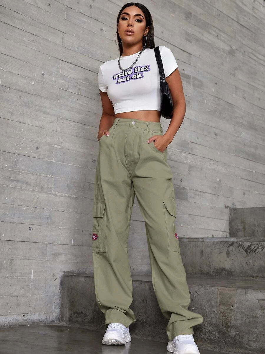 Denim High Waist Flap Pocket Wide Leg Jeans