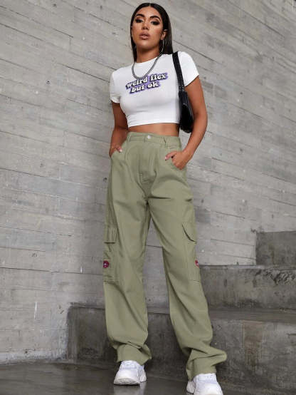 Denim High Waist Flap Pocket Wide Leg Jeans