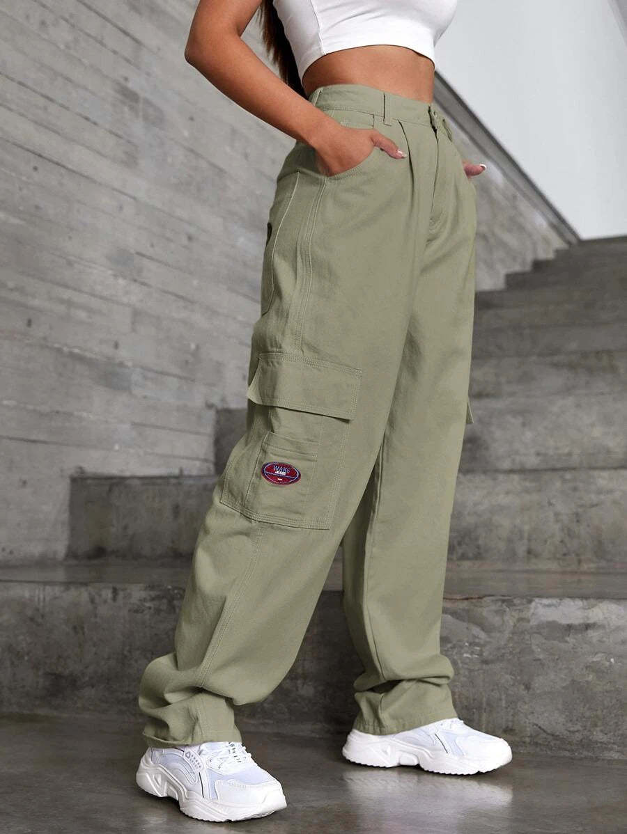 Denim High Waist Flap Pocket Wide Leg Jeans