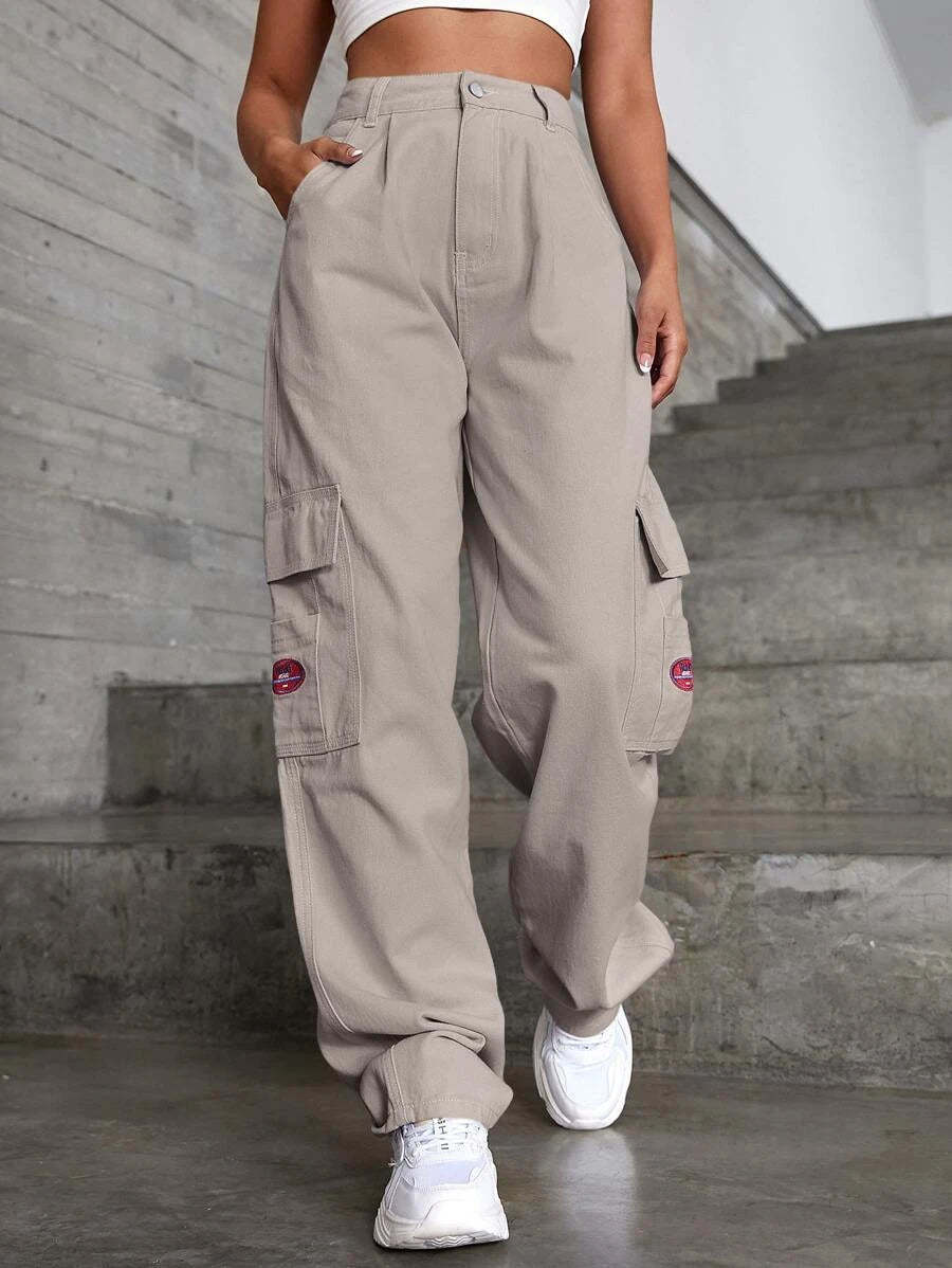 Denim High Waist Flap Pocket Wide Leg Jeans