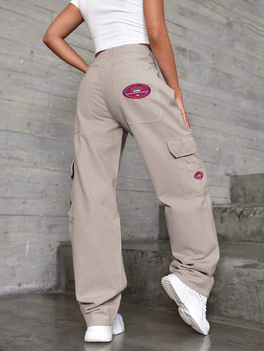 Denim High Waist Flap Pocket Wide Leg Jeans