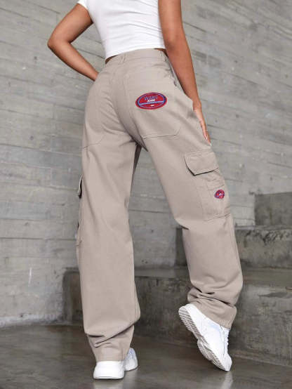 Denim High Waist Flap Pocket Wide Leg Jeans