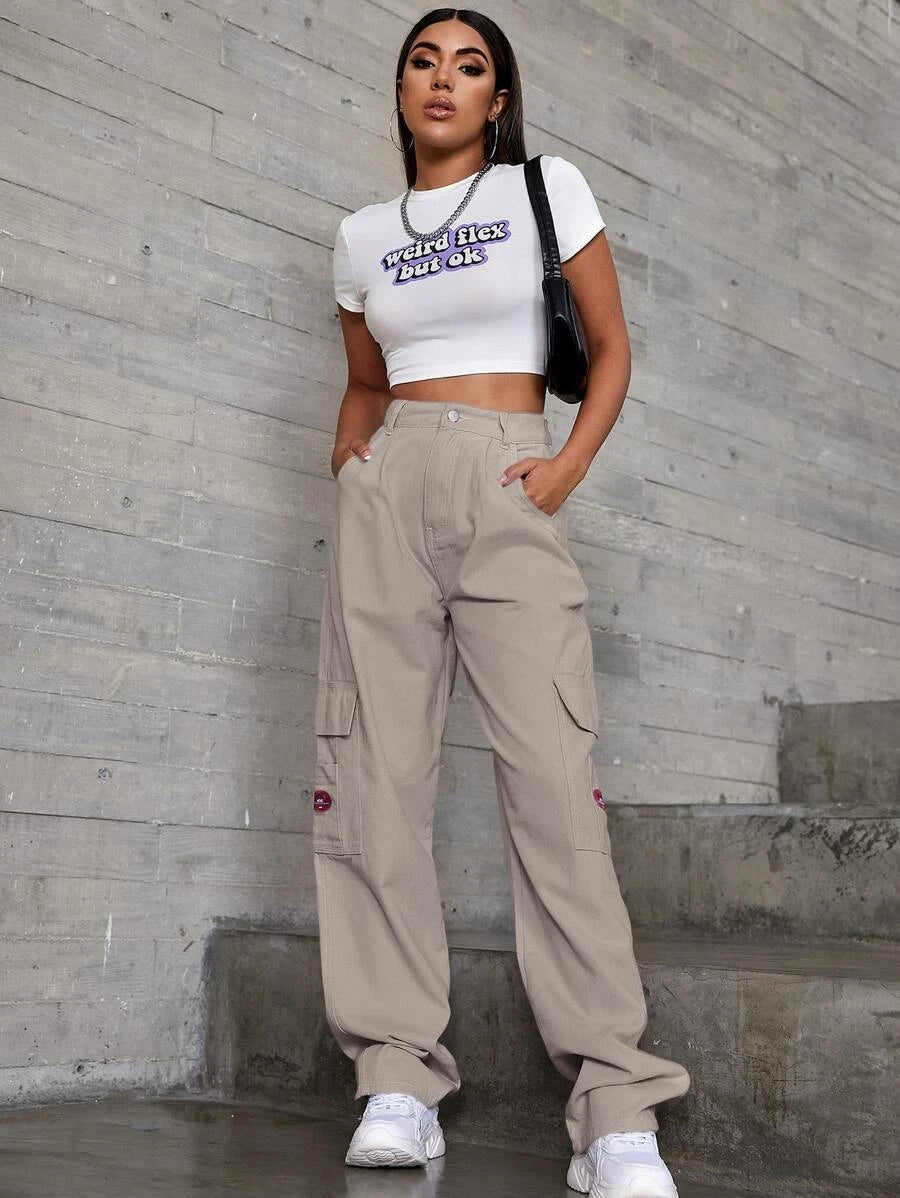 Denim High Waist Flap Pocket Wide Leg Jeans