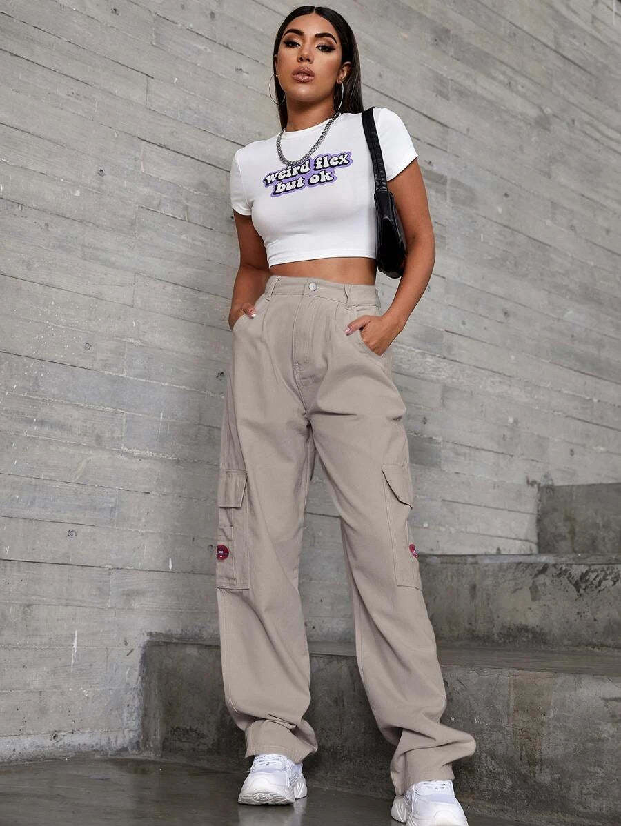 Denim High Waist Flap Pocket Wide Leg Jeans