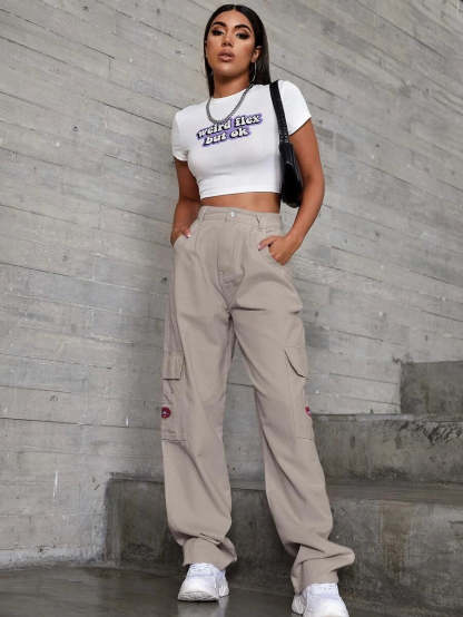 Denim High Waist Flap Pocket Wide Leg Jeans