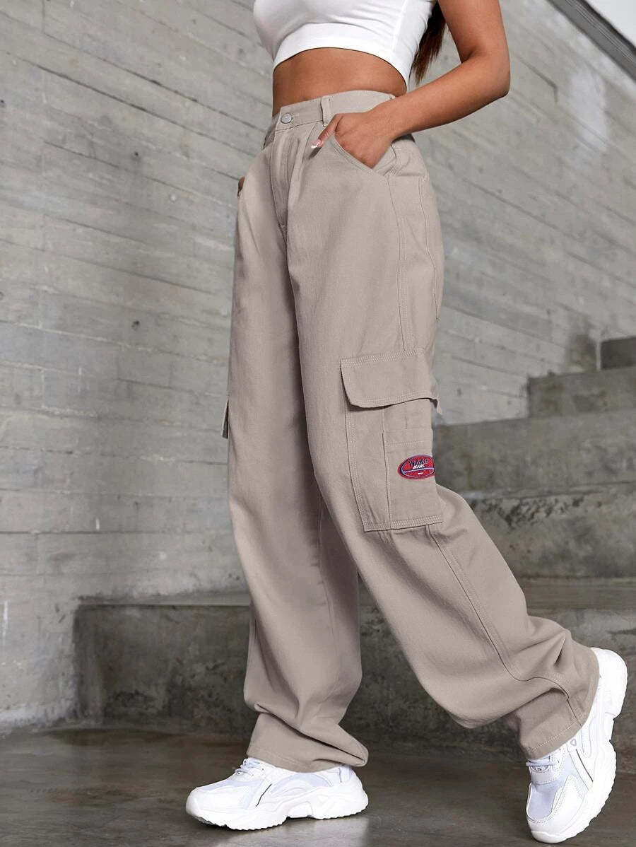 Denim High Waist Flap Pocket Wide Leg Jeans