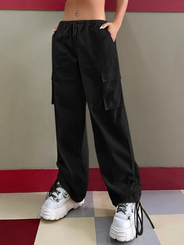 Trendy Drawstring Waist Cargo Pants – side profile view