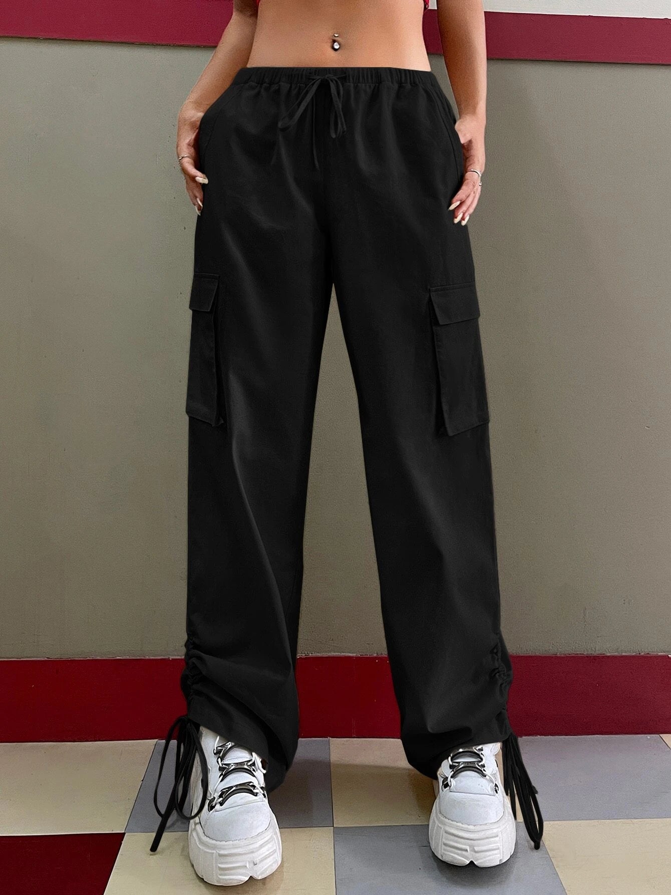 Trendy Drawstring Waist Cargo Pants – pocket detail close-up