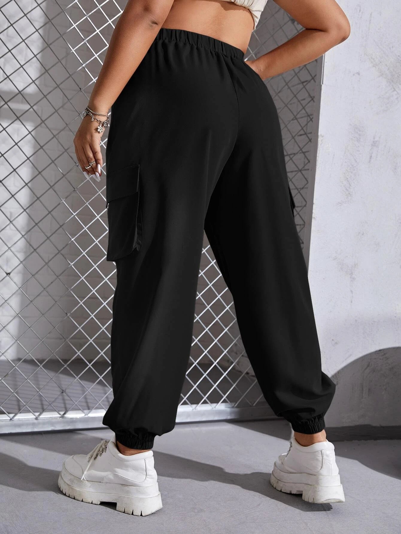 Flap Pocket Cargo Pants in Black #ts-9 – side profile view