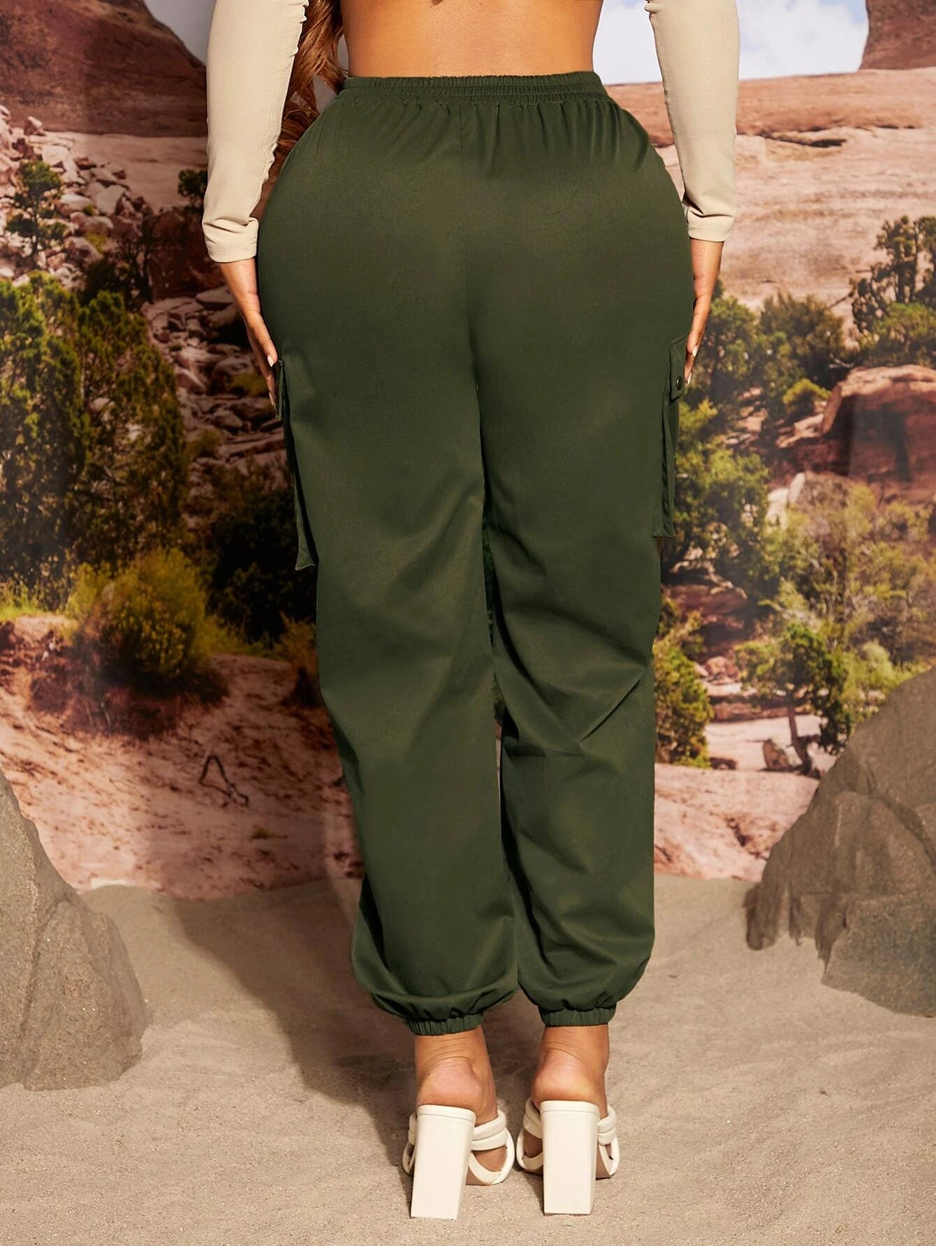 Solid Color Casual Flap Pocket Cargo Pants – side profile view