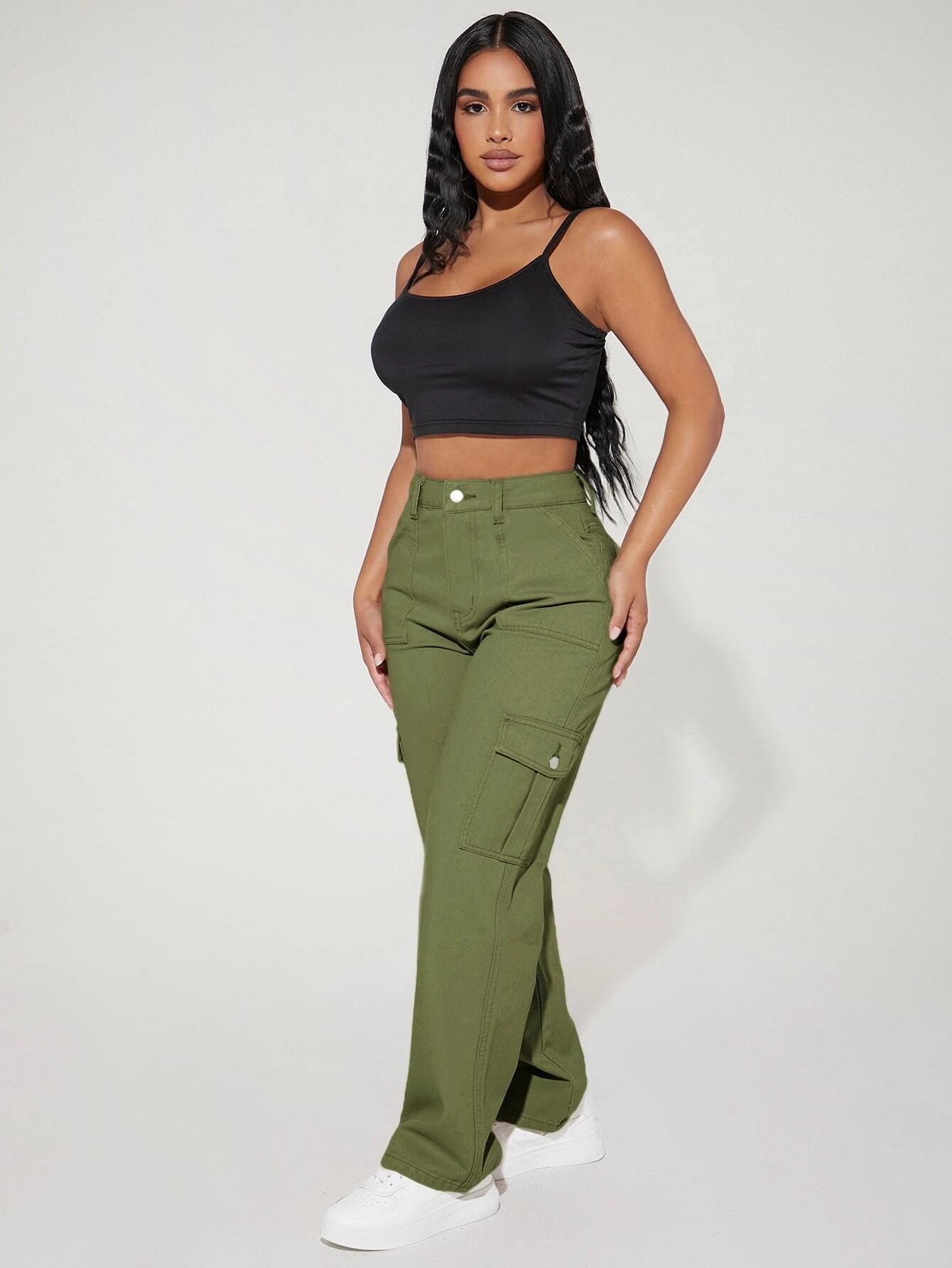 High Waist Straight Leg Cargo Pants – pocket detail close-up